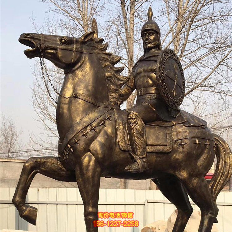 西方古代的騎馬士兵銅雕，手持盾牌騎馬身上的西方戰(zhàn)士